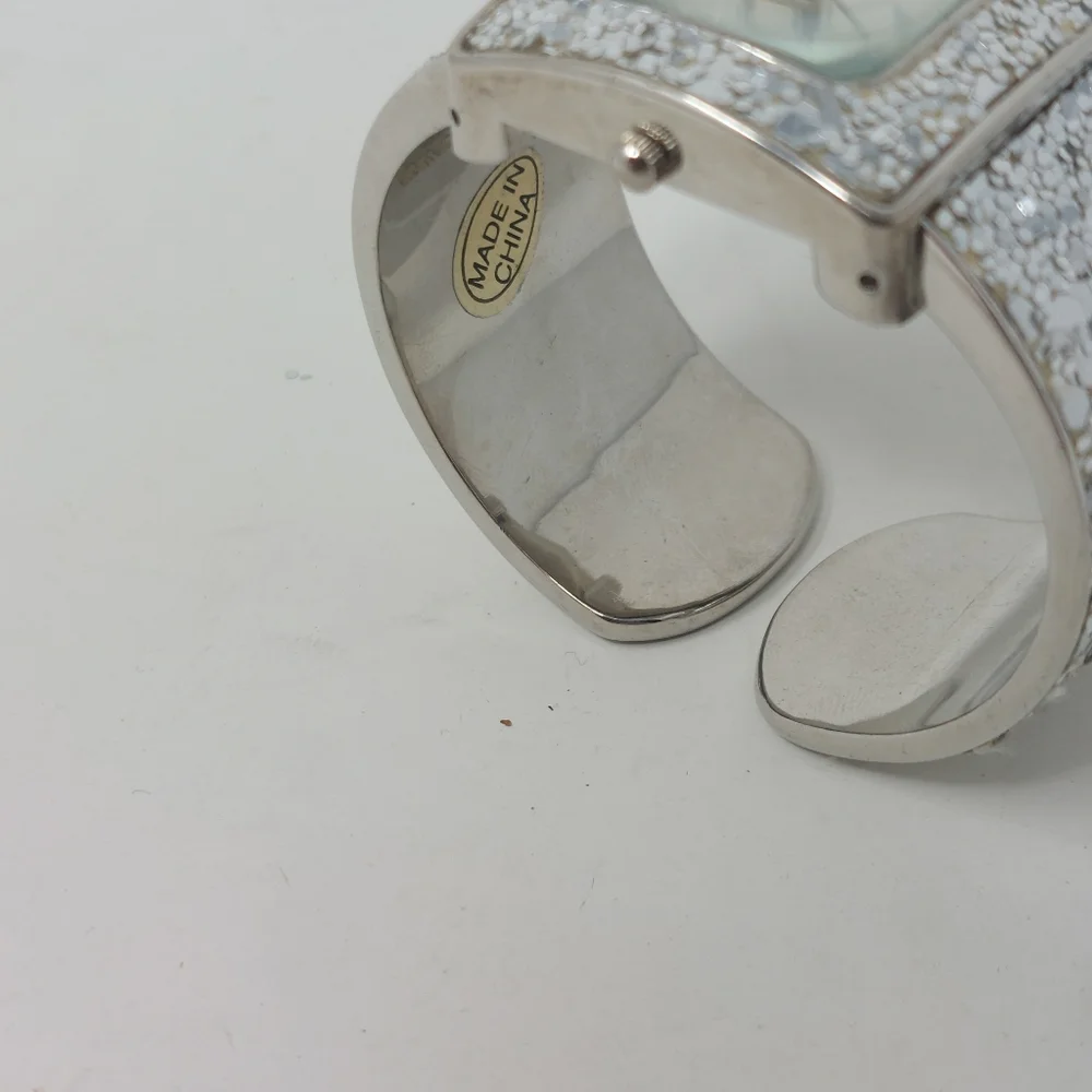 Pierre Nicol Silver Sequin Sparkly Watch Cuff Bracelet Square Face Glam Bling